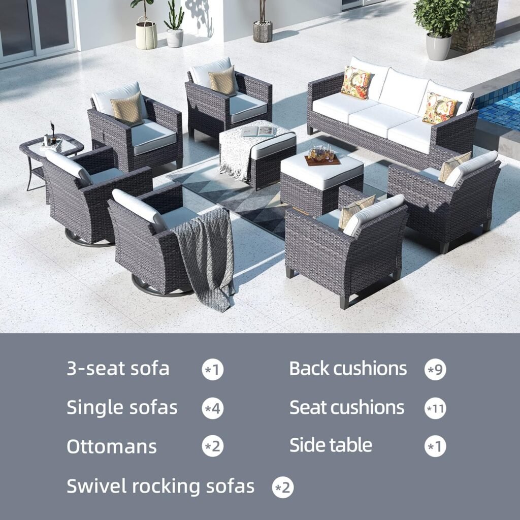 ovios Patio Furniture Set 8 Pieces Outdoor Wicker Rocking Swivel Chairs Sectional Sofa Set with Single Chairs High Back Rattan Sofa for Yard Garden Porch, Grey