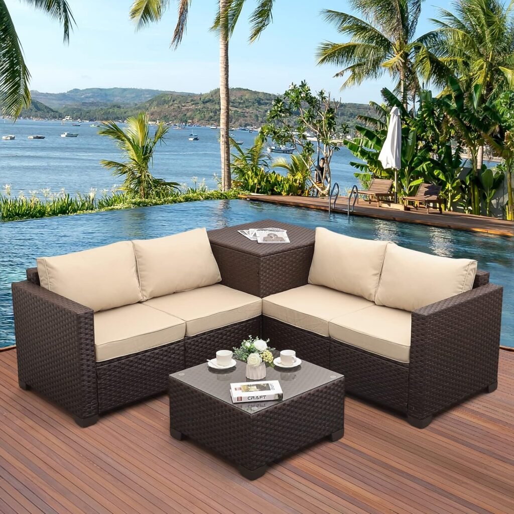 Patio PE Wicker Furniture Set 4 Pieces Outdoor Brown Rattan Sectional Conversation Sofa Chair with Storage Box Table and Khaki Cushions