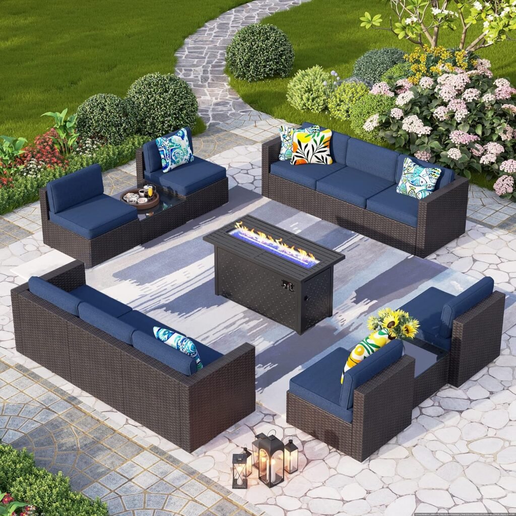 PHI VILLA 13-Piece Patio Furniture Set with Fire Pit Table Wicker Sectional Sofa Set Outdoor Rattan Patio Conversation Set w/45 Inch Propane Gas Fire Pit Table  Coffee Table