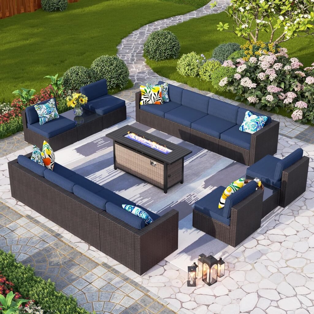 PHI VILLA 15-Piece Patio Furniture Set  56 Fire Pit Table - CSA Approved, 50,000 BTU Propane Gas, Rattan Sofa Wicker Conversation Sets Luxury for Garden