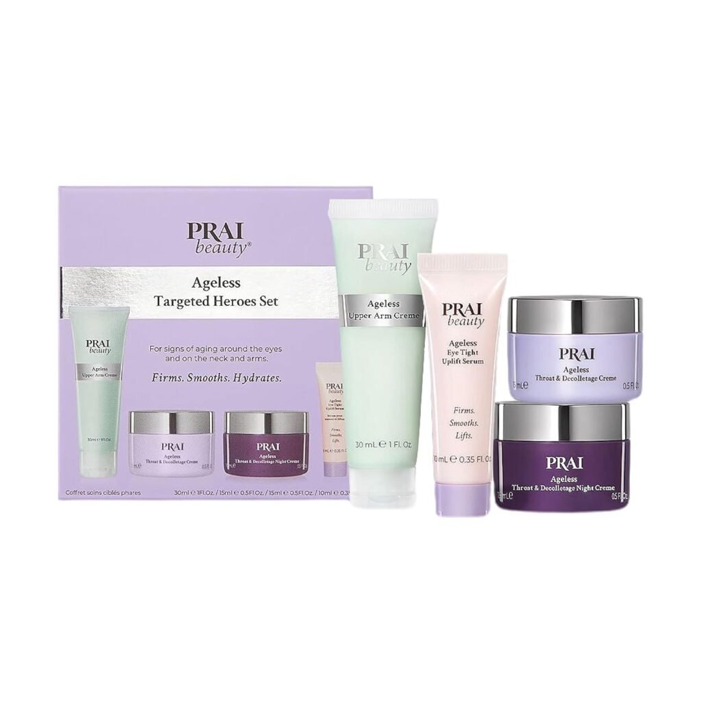 PRAI Beauty Ageless Targeted Heroes Set - Anti-Aging  Hydrating Boxed Gift Set - Throat  Decolletage Day  Night Neck Crème, 0.5 Oz Each, Upper Arm Crème, 1 Oz, and Eye Tight Uplift Serum, 0.35 Oz