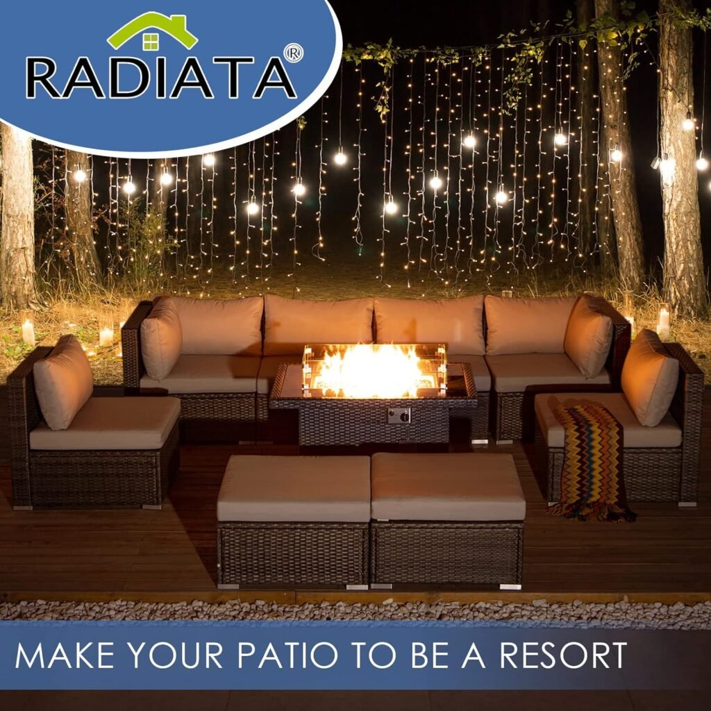 RADIATA PE Wicker Patio Furniture Set Sectional High Back Large Size Sofa Sets with Propane Fire Pit Table 55000 BTU Balcony Rattan Lounge Conversation Sets for Outdoor (7 Pieces,Dark Gray)