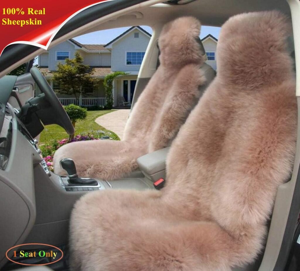 Sisha-A Winter Warm Authentic Australia Sheepskin Car Seat Cover Luxury Long Wool Front Seat Cover Fits Most Car, Truck, SUV, or Van (Cameo Brown)