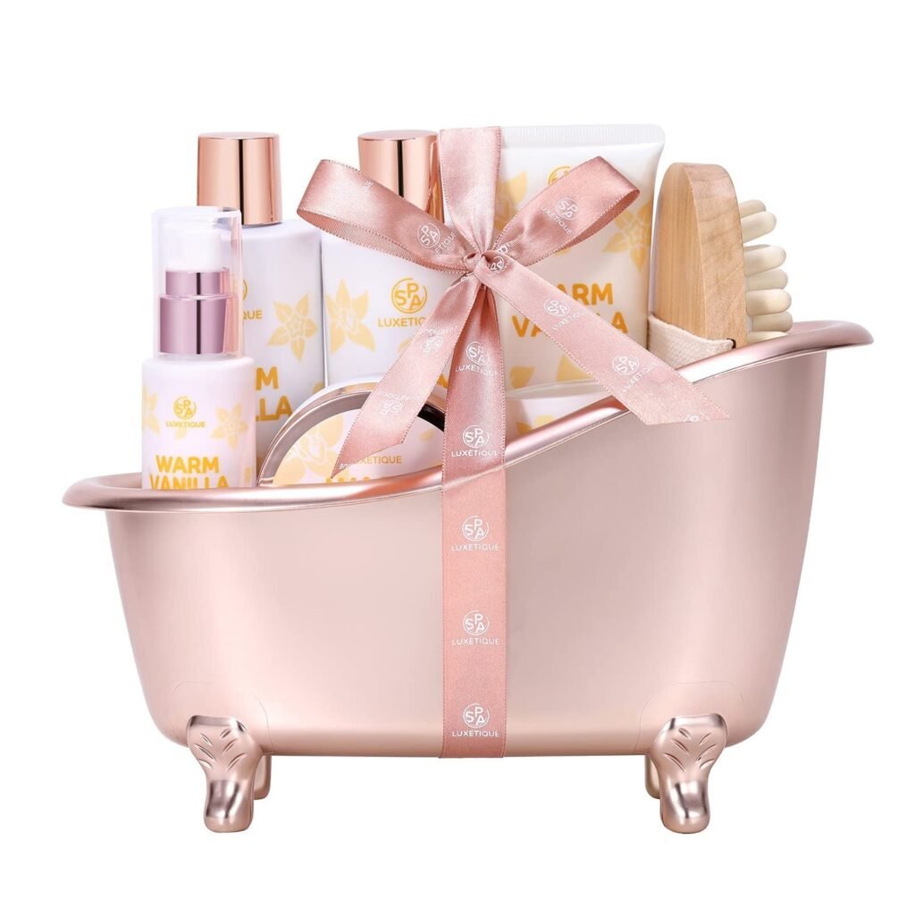 Spa Gifts for Women Spa Luxetique 8 Pcs Bath Set Gift Basket Christmas Gift Set Luxury Self Care Kit Gift for Her Vanilla Bath Sets for Girl with Shower Gel Body Oil Scented Candle Birthday Gifts