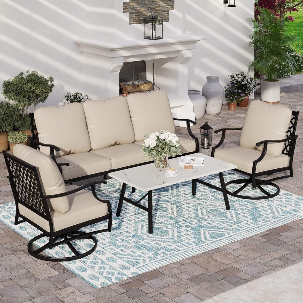 SUNSHINE VALLEY Patio Furniture Set, 4 Piece Modern Metal Outdoor Patio Furniture, 3 Seater Couch, 2 swivel Chairs, Coffee Table and 5.75 Extra Thick Cushion, Patio Conversation Set for Backyard Deck