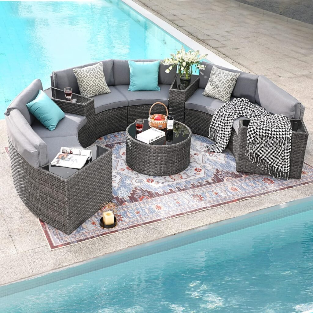 SUNSITT Outdoor Patio Furniture 11-Piece Half-Moon Sectional Round Set Curved Sofa with Tempered Glass Coffee Table, 4 Pillows, Grey Rattan