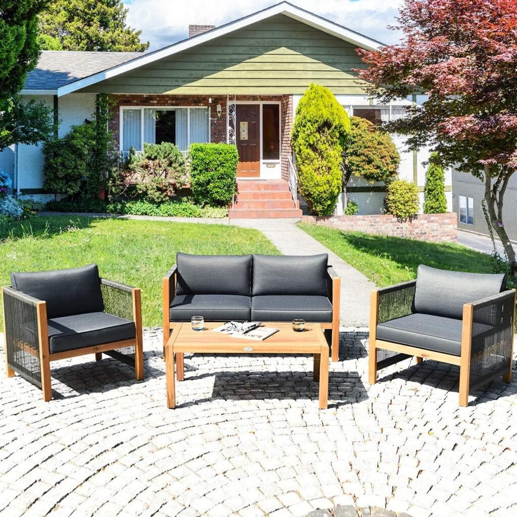 Tangkula Outdoor Wood Furniture Set, Acacia Frame Loveseat Sofa, 2 Single Chairs and Coffee Table, 4 Pieces Conversation Set with Cushions, Garden Balcony Poolside Living (1, Grey)