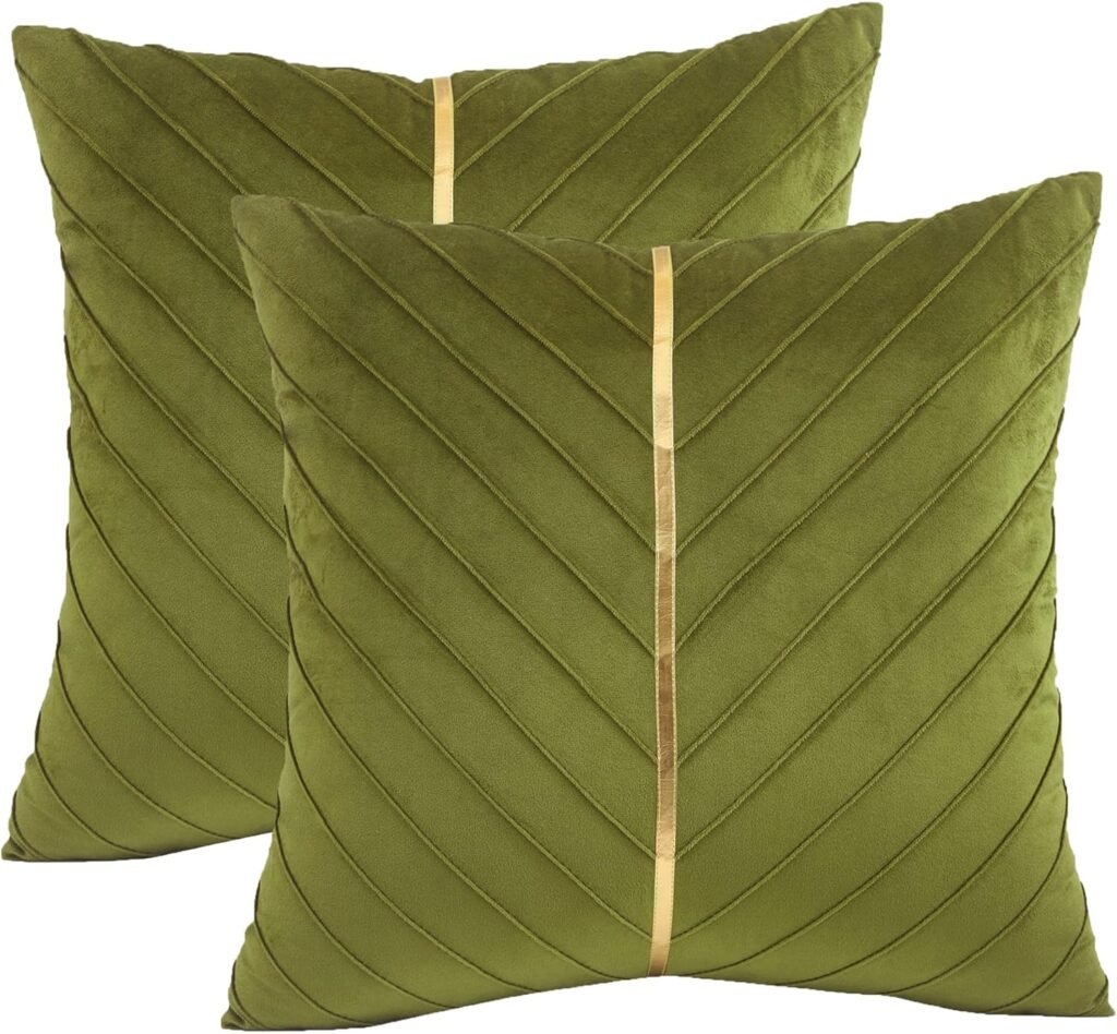Tosleo Olive Green Velvet Throw Pillow Covers 20x20 Pack of 2 with Gold Leather,Decorative Couch Pillowcases Luxury Modern Pillow Cover for Living Room Bedroom Sofa Cushion Bed