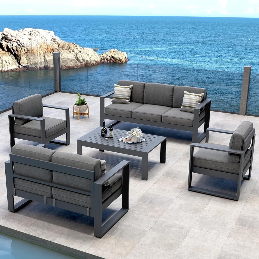 Vakollia Outdoor Aluminum Furniture Set - 5 Pieces Modern Patio Conversation Sets Metal Sectional Sofa with Coffee Table