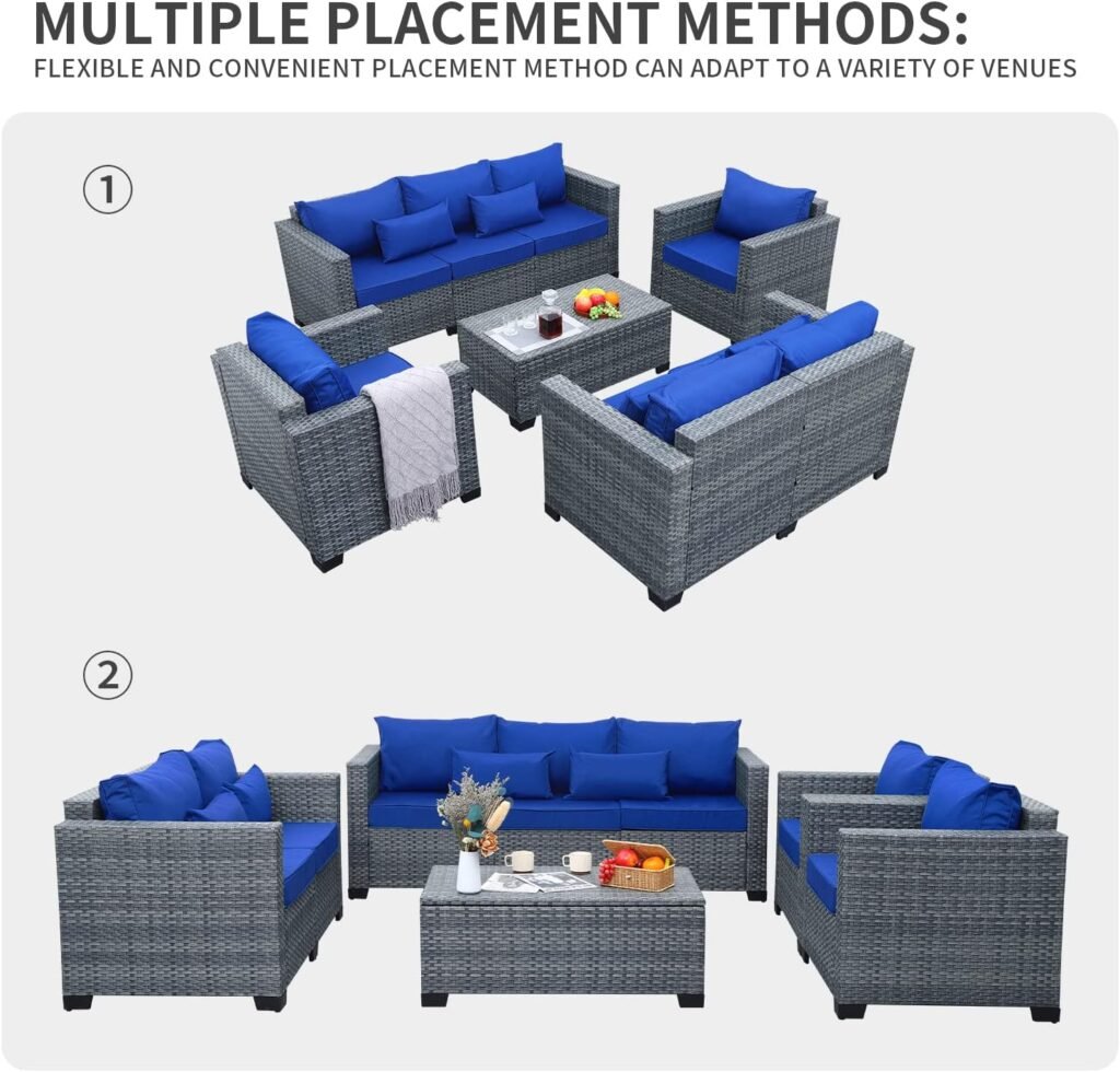 Valita Patio Rattan Furniture Set with Storage Coffee Table,5-Piece All Weather Gray Outdoor PE Wicker Resin Chairs and Couch,Sectional Conversation Sofa Set with Royal Blue Cushion
