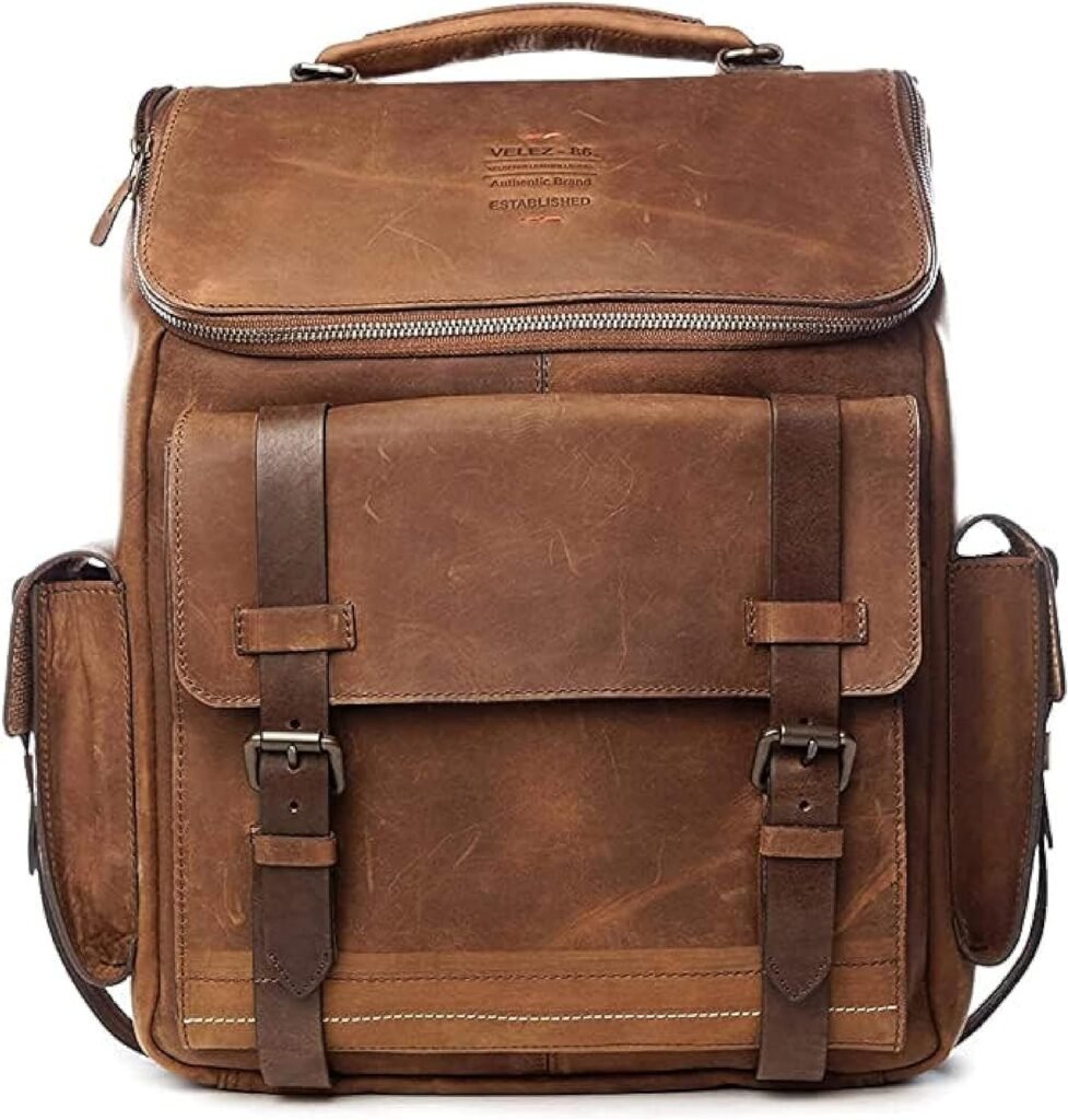 VELEZ Top Grain Leather Backpack for Men - 15.6 Inch Laptop Bag - Brown Designer Bookbag - Mens Vintage Business Travel Casual Computer Shoulder Bags