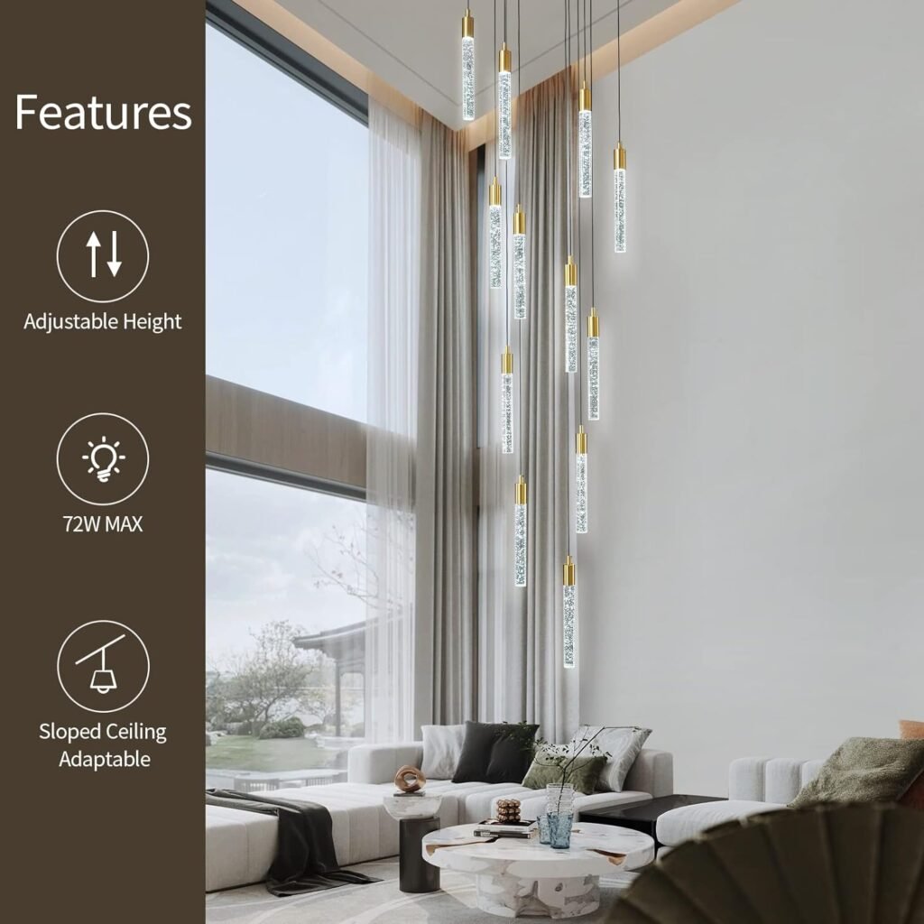 zhllmq 24-Light Modern Living Room Chandelier Black Crystal Ceiling Pendant Lights LED Dimmable 144W 6000K Staircase Large Chandeliers for Entryway Lobby Foyer High Ceiling Chandeliers
