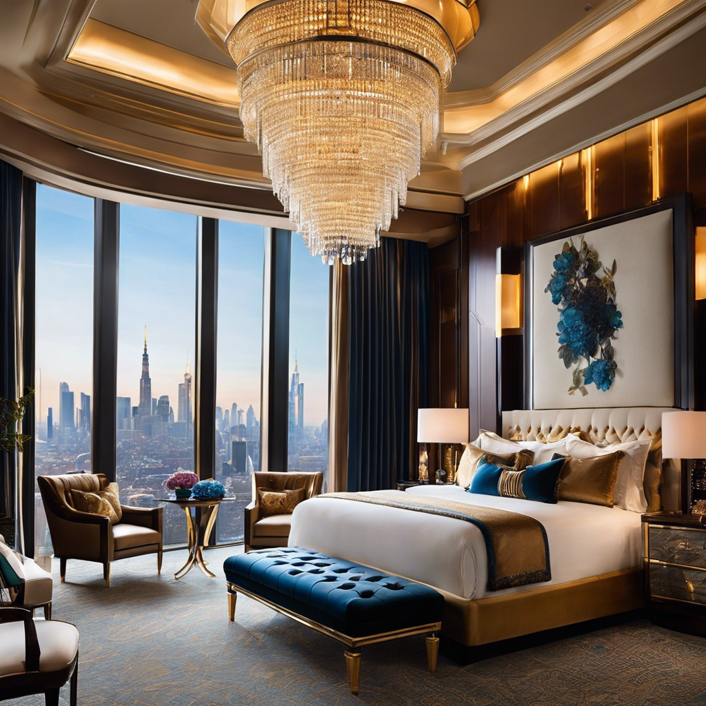An image that showcases a grand, opulent suite with floor-to-ceiling windows overlooking a glittering cityscape, adorned with lavish furnishings, a plush king-sized bed, and a stunning chandelier illuminating the room in a warm, golden glow