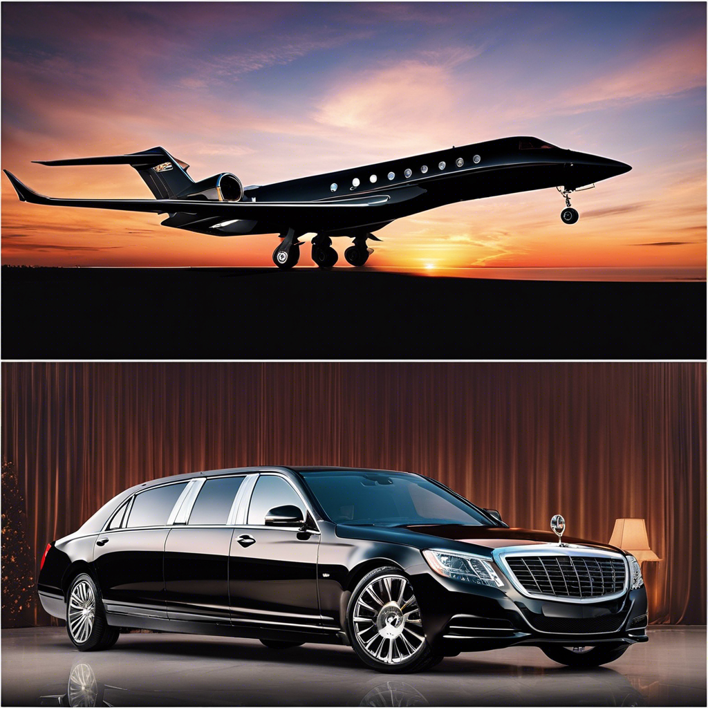 An image showcasing a sleek, chauffeur-driven black limousine parked in front of a luxurious private jet