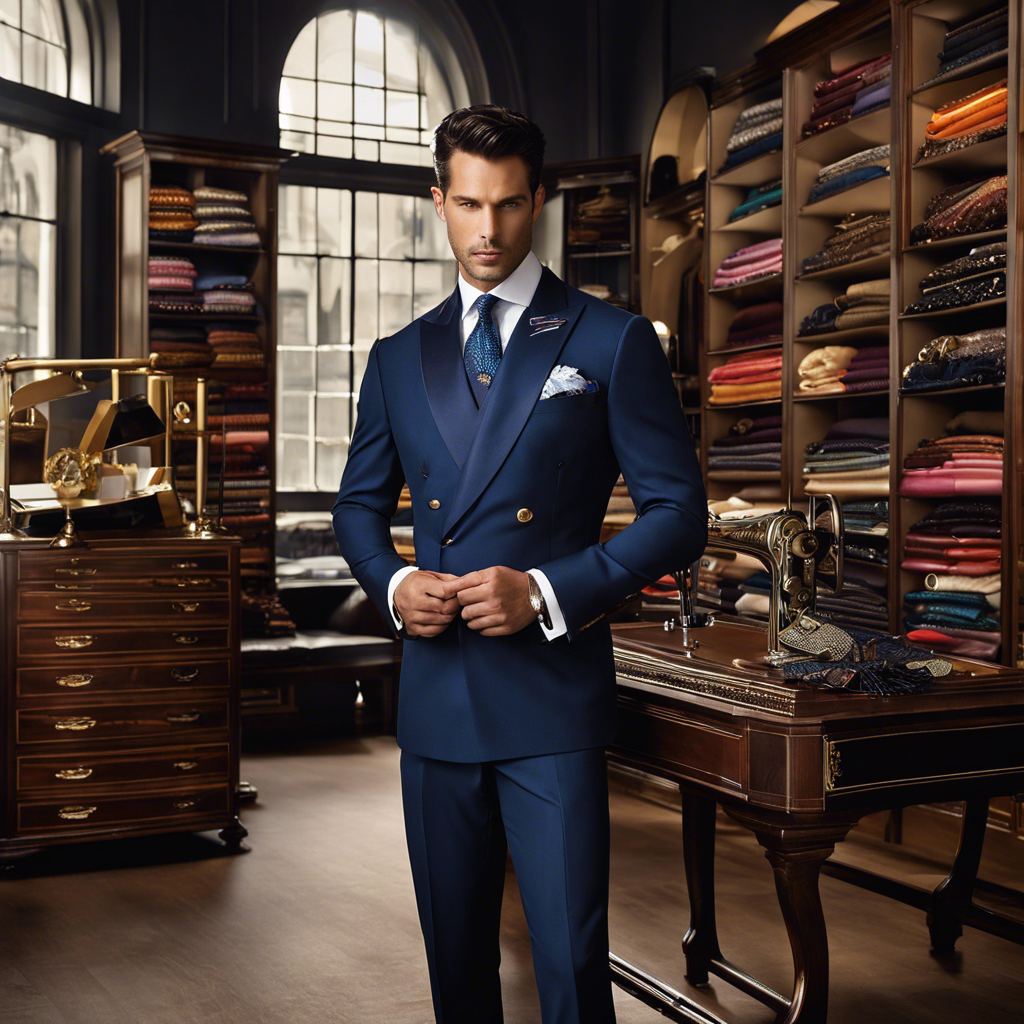  the essence of bespoke tailoring by showcasing a skilled tailor, meticulously handcrafting a delicate stitch, with a backdrop of vibrant spools of thread, measuring tapes, and a symphony of irons, shears, and pins