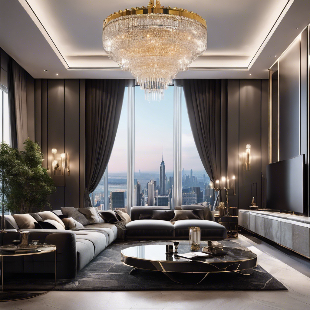 An image showcasing a flawlessly designed, minimalist living room adorned with opulent, velvet furniture, a cascading crystal chandelier, and floor-to-ceiling windows overlooking a breathtaking cityscape, embodying the epitome of sophistication and elegance for luxury living in 2024