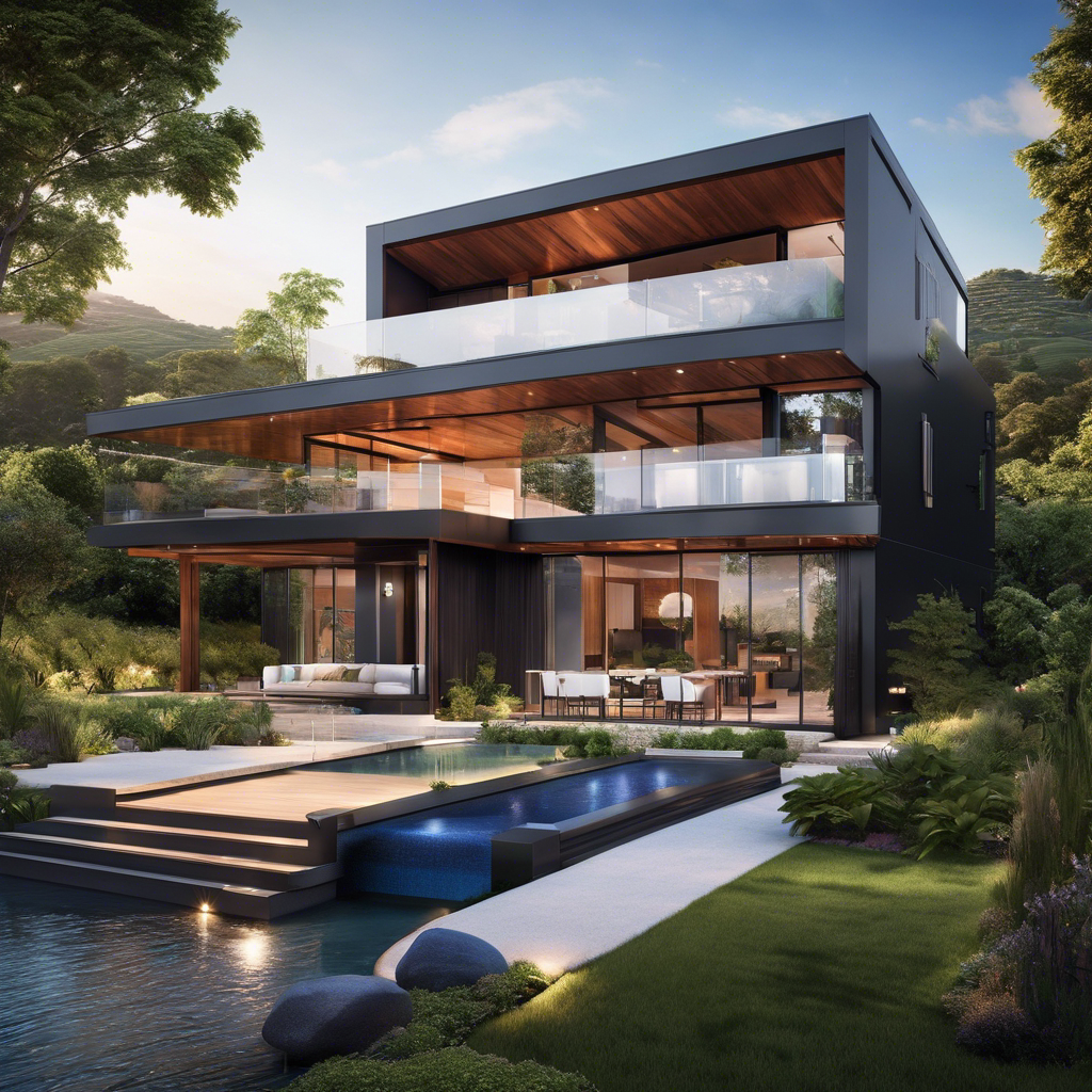 An image showcasing a sleek, modern eco-friendly home with floor-to-ceiling windows, solar panels on the roof, lush green walls, and a rainwater harvesting system, epitomizing sustainable design for luxurious living in 2024