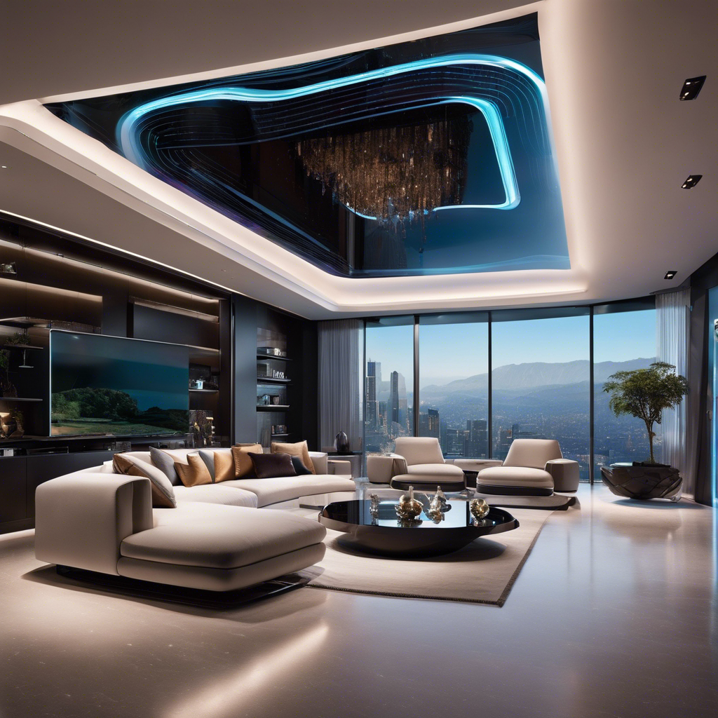 A sleek, futuristic living room with floor-to-ceiling transparent screens showcasing holographic entertainment systems, voice-activated smart appliances, and an AI-powered personal assistant, reflecting the epitome of cutting-edge technology in luxury living
