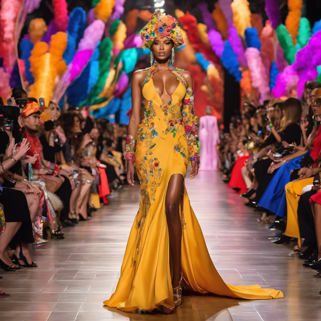 An image showcasing a group of celebrities, dressed in their unique fashion collaborations, walking down a charity runway