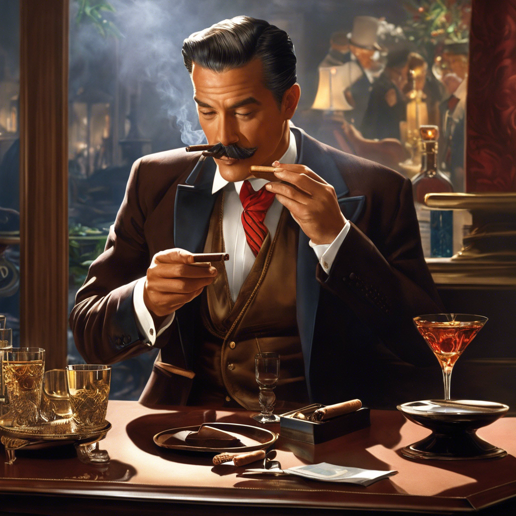An image showcasing a well-dressed gentleman leisurely puffing on a cigar while discreetly handing a crisp bill to an attentive cigar lounge server, highlighting the importance of proper tipping etiquette