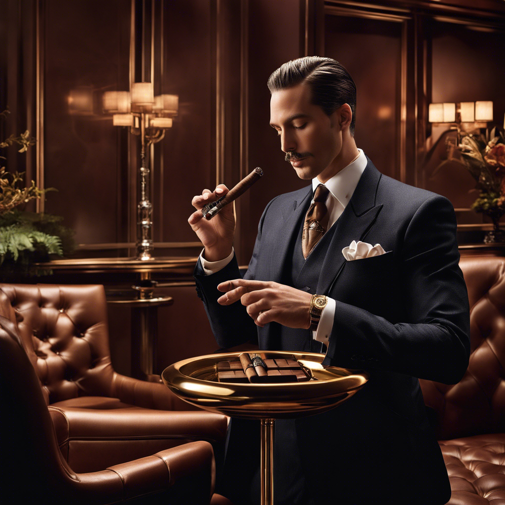 An image capturing the refined ambiance of a cigar lounge: a well-dressed individual, gently tapping their elegant cigar over a polished ashtray, gracefully releasing a slender ash column that dances in the air