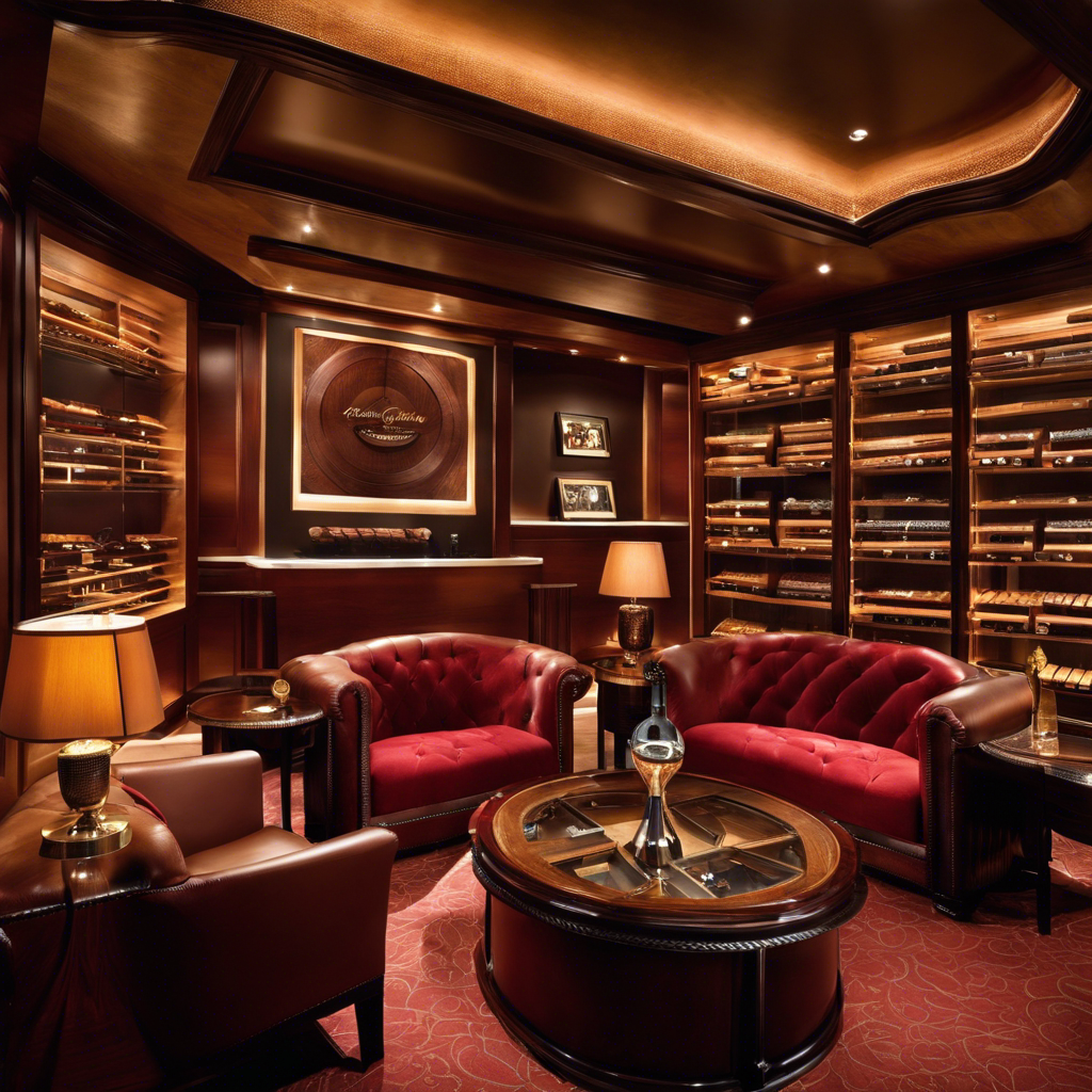 An image showcasing a well-lit, elegant cigar lounge with a wooden humidor displaying an array of meticulously arranged cigars in various shapes, sizes, and hues