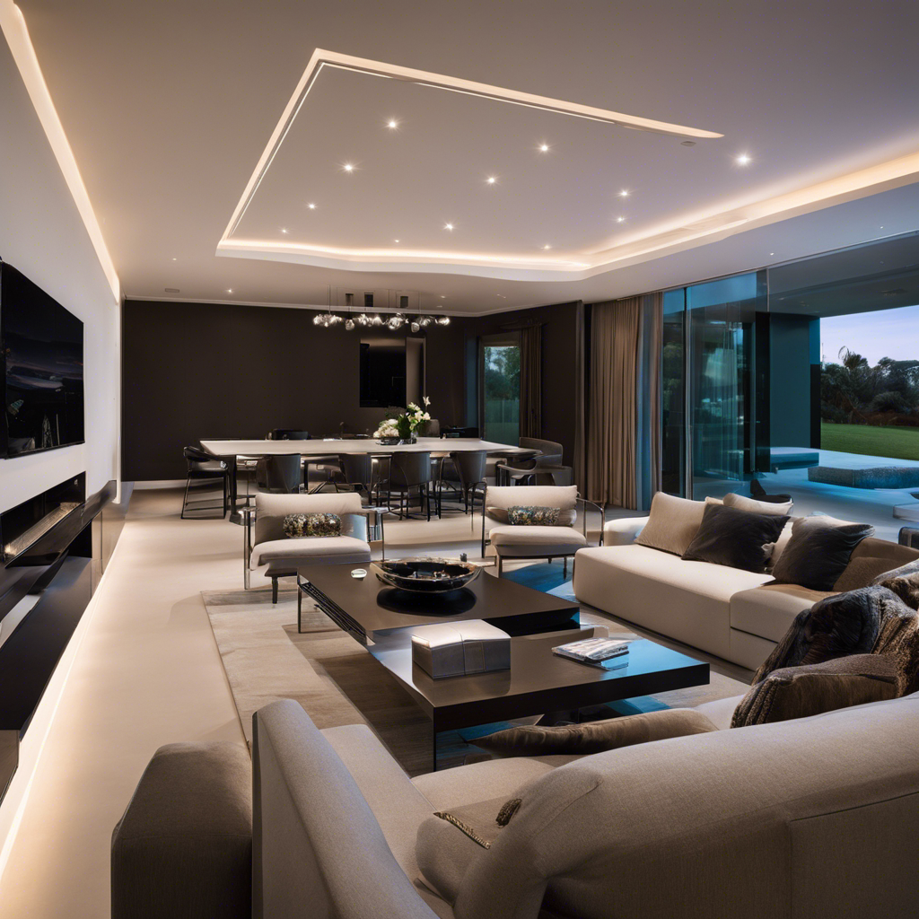 An image showcasing a sleek, modern living room with state-of-the-art smart home technology seamlessly integrated