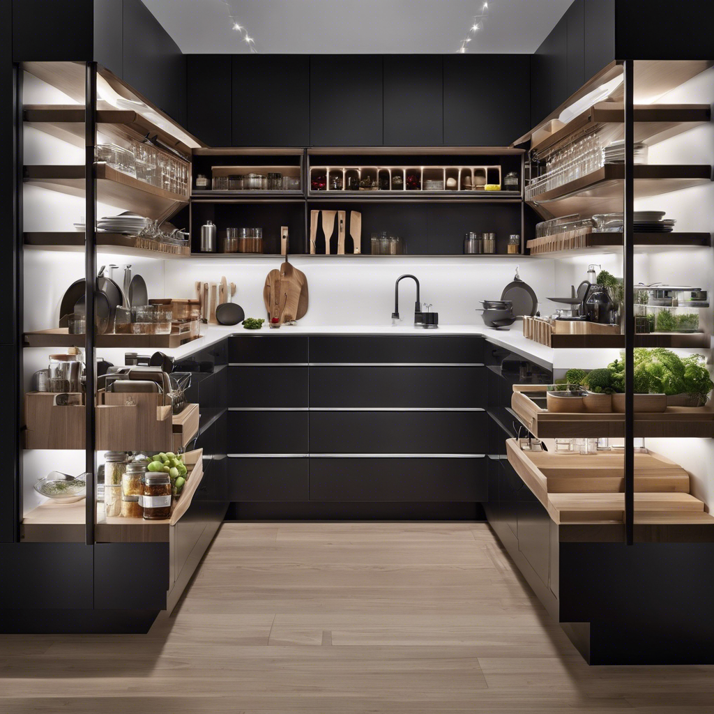 An image showcasing a sleek, minimalist kitchen with a custom-built pantry featuring floor-to-ceiling shelves neatly organized with glass containers, hanging utensil racks, and a magnetic knife strip, embodying the perfect blend of style and functionality