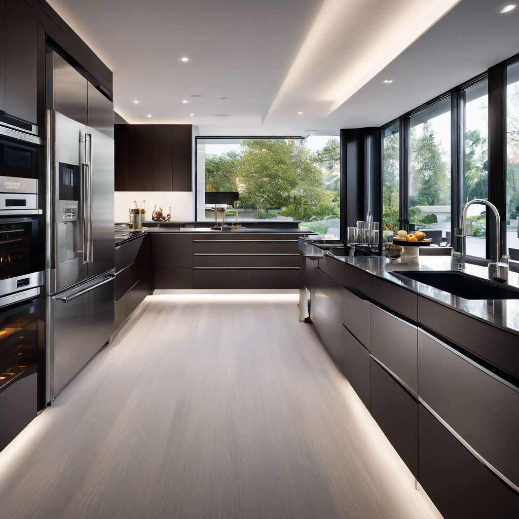An image showcasing a sleek, stainless steel kitchen with a state-of-the-art espresso machine, an elegantly designed wine fridge, and a minimalist induction cooktop surrounded by smart storage solutions and modern lighting