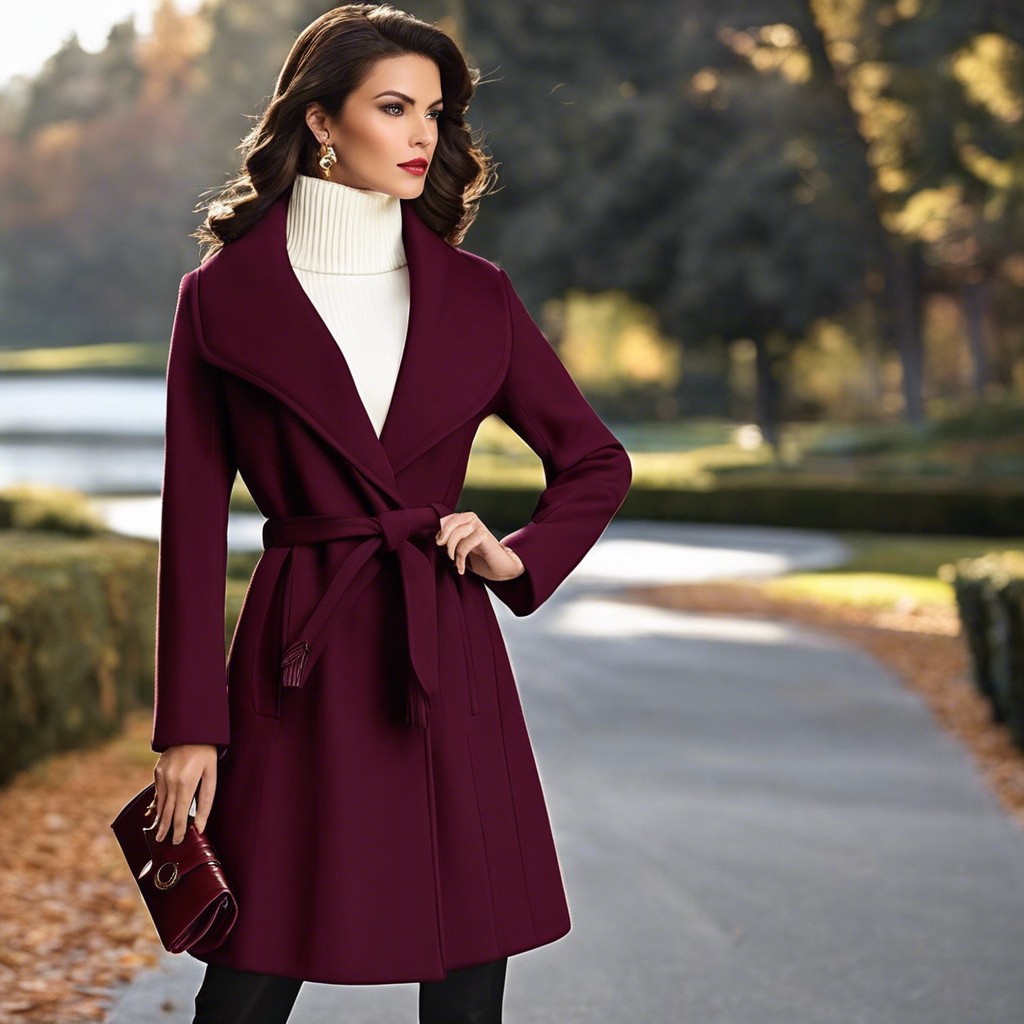 An image showcasing a stunning, knee-length wrap coat in a rich burgundy hue