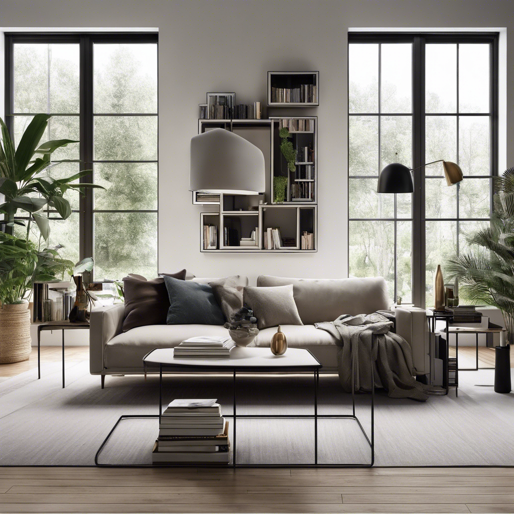 An image depicting a serene and minimalist living room, adorned with sleek, open shelves displaying carefully arranged decor, and a clutter-free environment with neatly folded blankets and a perfectly aligned collection of books