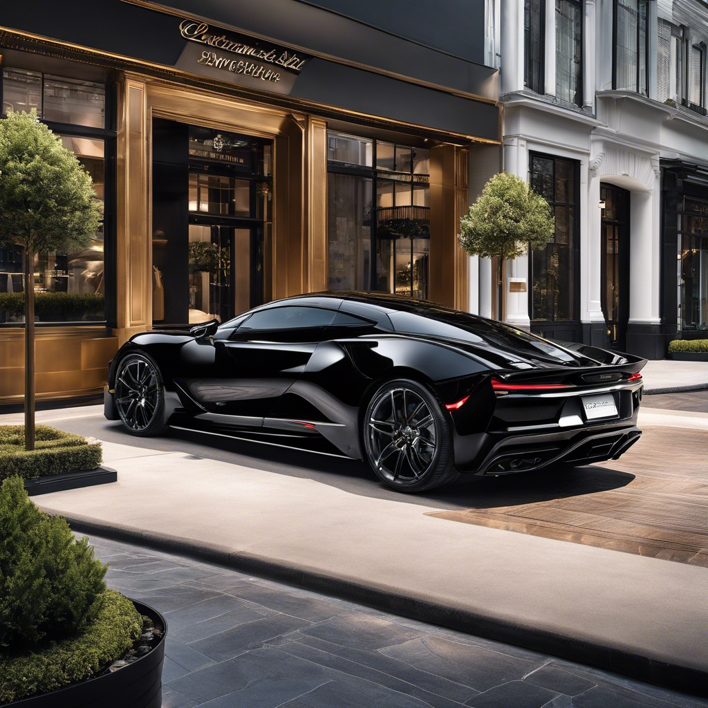 An image of a luxurious, sleek black sports car parked in front of a high-end designer boutique, showcasing an exclusive collaboration
