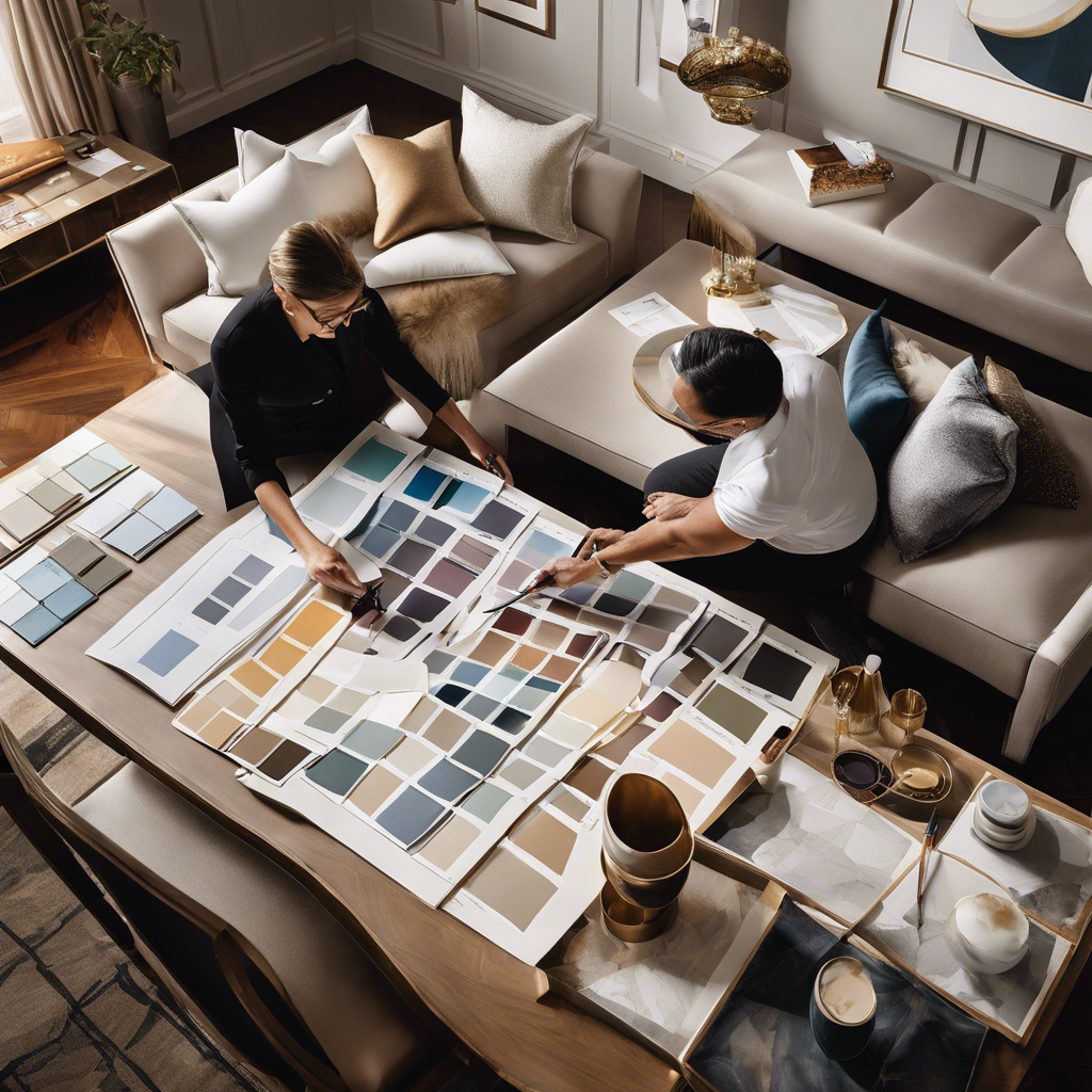 An image featuring an elite interior designer meticulously sketching a refined floor plan, surrounded by an array of fabric swatches, paint samples, and elegant furniture prototypes, offering a captivating glimpse into their meticulous design process