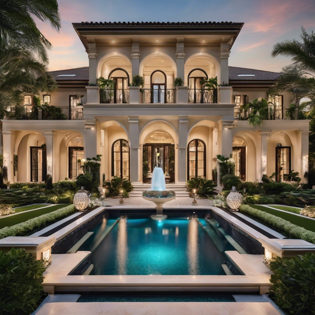 An image showcasing an opulent, sprawling mansion surrounded by lush, manicured gardens