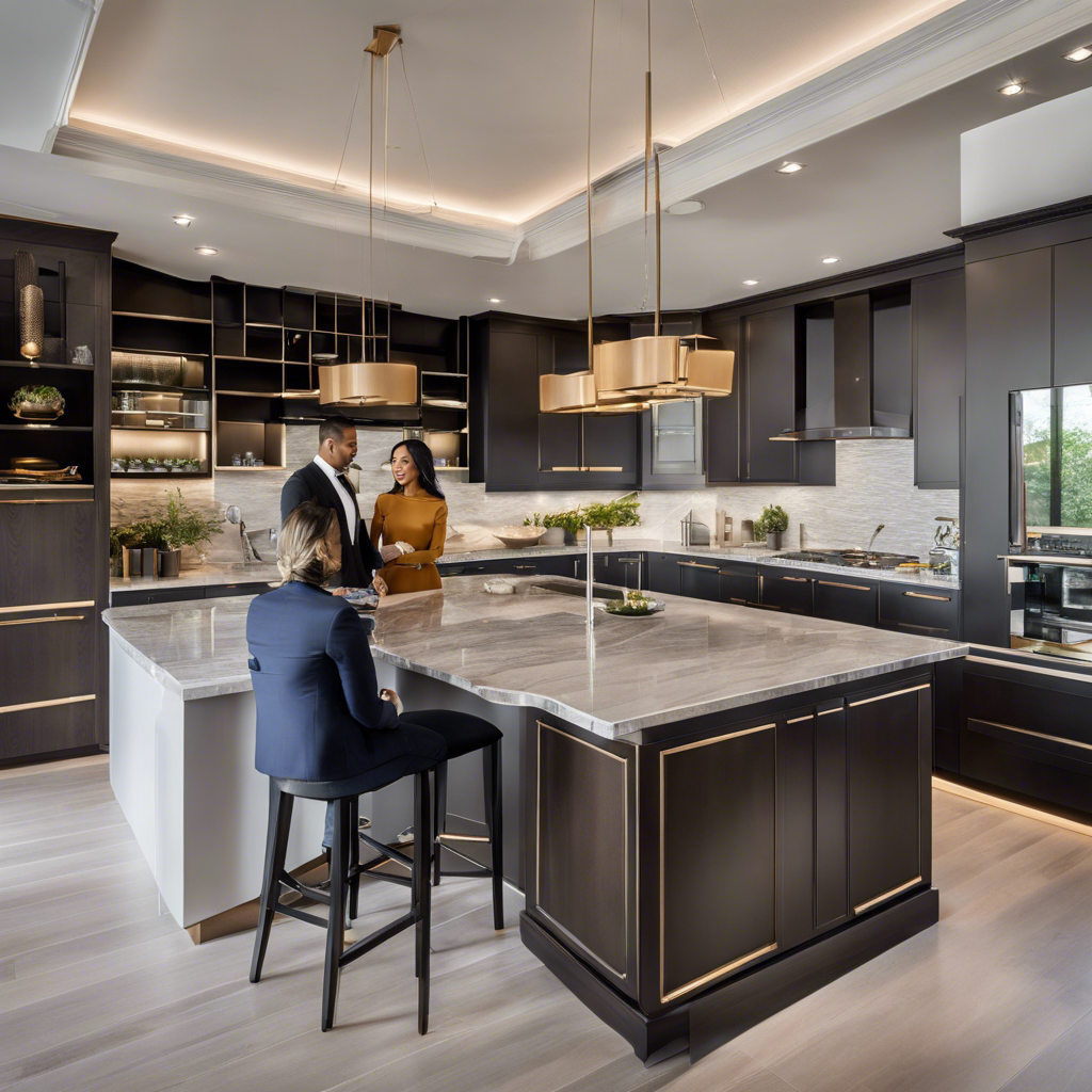 An image showcasing a well-dressed couple and a knowledgeable luxury real estate agent gathering around a sleek, modern kitchen island, discussing floor plans and architectural blueprints, symbolizing the collaborative process of finding your dream luxury home