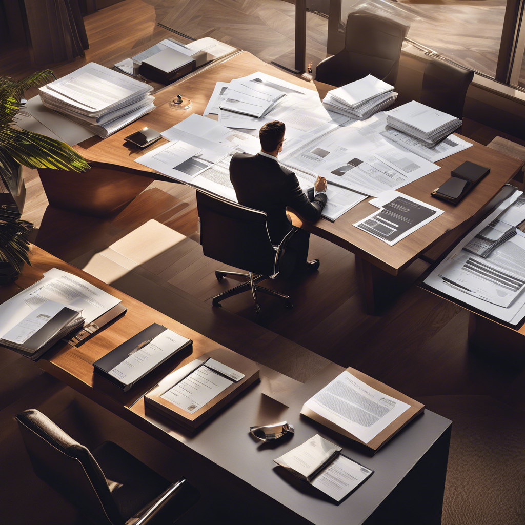 An image showcasing a person sitting at a sleek, modern desk, surrounded by stacks of legal documents, architectural plans, and a luxurious property brochure