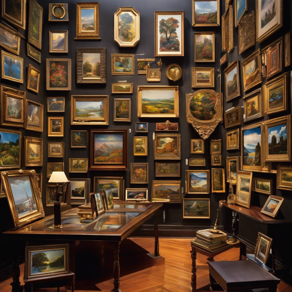 An image with a magnifying glass hovering over a gallery filled with various art pieces, each representing a different art movement, inviting readers to explore and determine their collecting focus