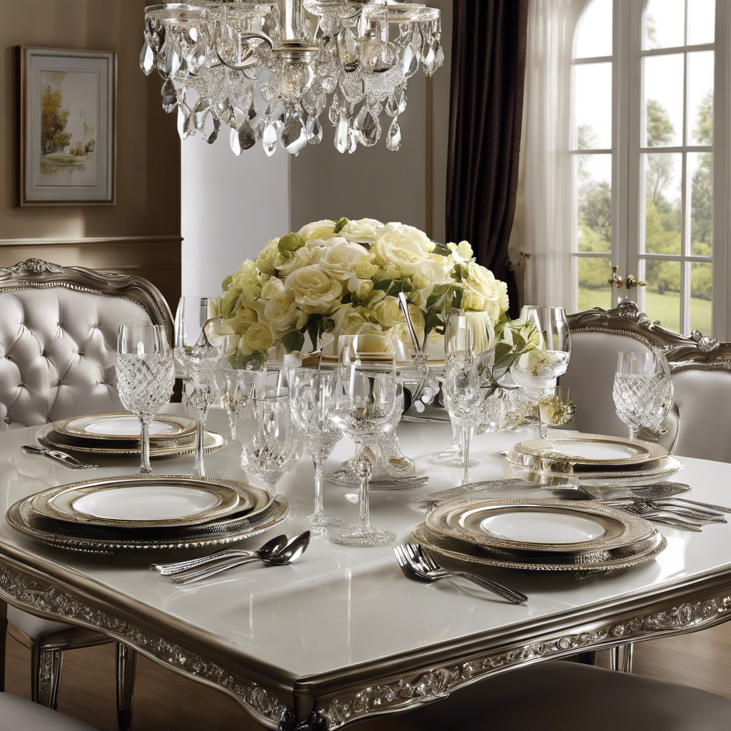 An image showcasing a beautifully set dining table with exquisite china, polished silverware, and elegant crystal glasses