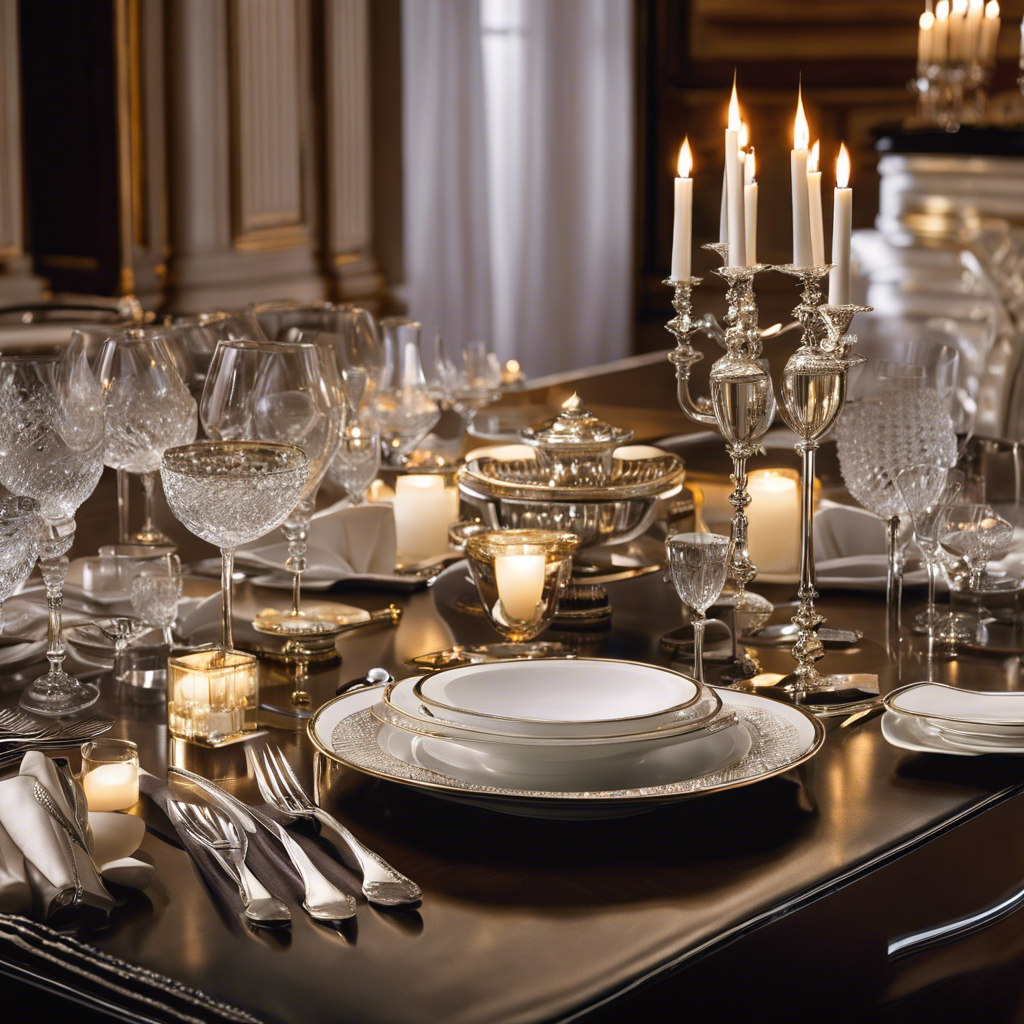  Capture the essence of the fine dining experience by depicting an immaculately set table adorned with exquisite chinaware, crystal glassware, and polished silver cutlery, basked in the subtle glow of candlelight