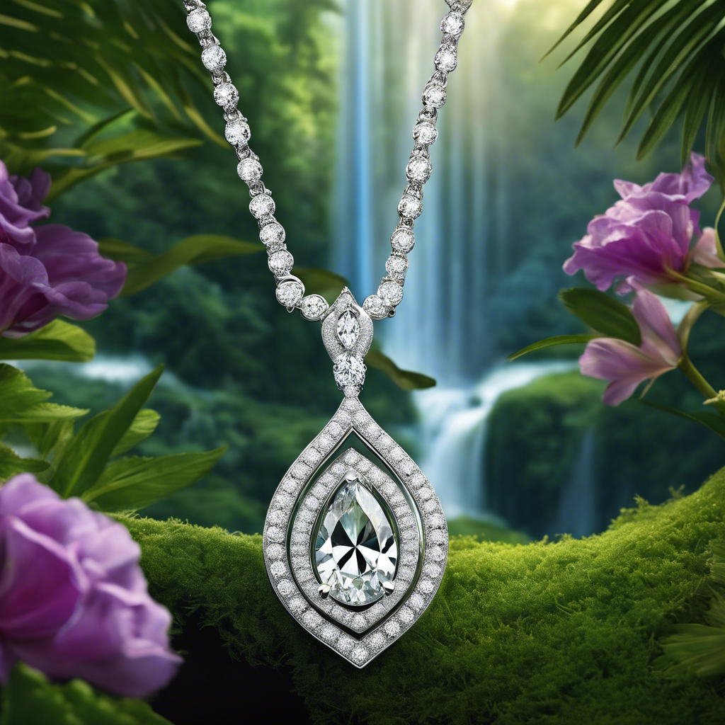 An image showcasing a delicate diamond necklace, shielded by a glass case, against a backdrop of lush greenery and a cascading waterfall, illustrating the importance of protecting fine jewelry from nature's elements