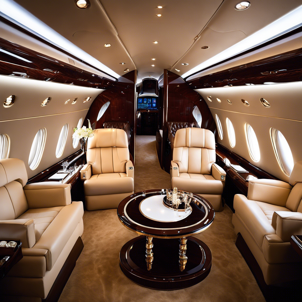 An image showcasing a lavishly decorated private jet's interior, adorned with plush leather seats, sparkling chandeliers, and a champagne-filled bar cart, evoking the essence of opulence for an unforgettable glamorous getaway