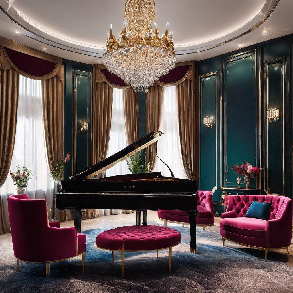 An image showcasing a luxurious living room with plush velvet furniture in jewel tones, a crystal chandelier casting a soft glow, and a grand piano elegantly positioned in the corner, exuding opulence and sophisticated glamour