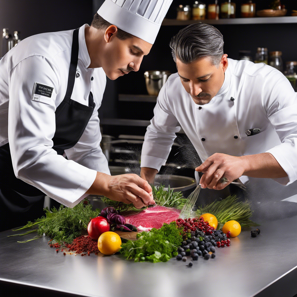 An image of a chef delicately placing vacuum-sealed ingredients into a water bath, with vibrant herbs, spices, and fruits surrounding the scene, showcasing the precision and artistry of sous vide flavor infusion
