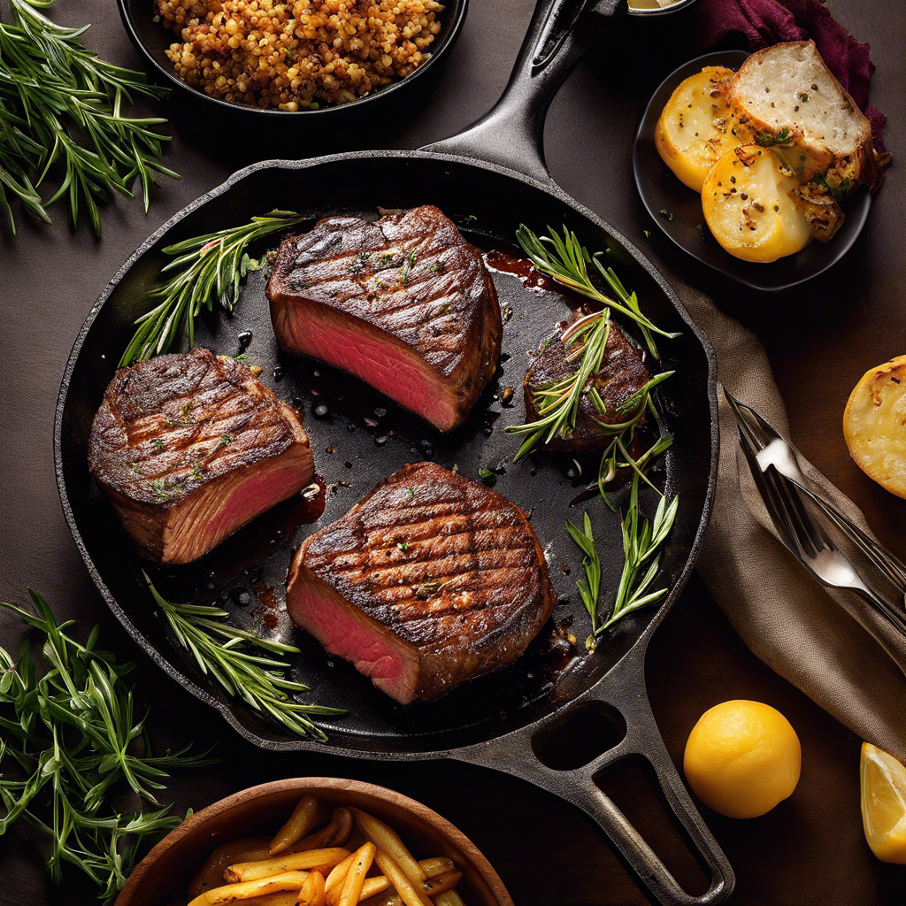  a sizzling piece of filet mignon, glistening with golden hues, as it dances on a scorching cast-iron skillet