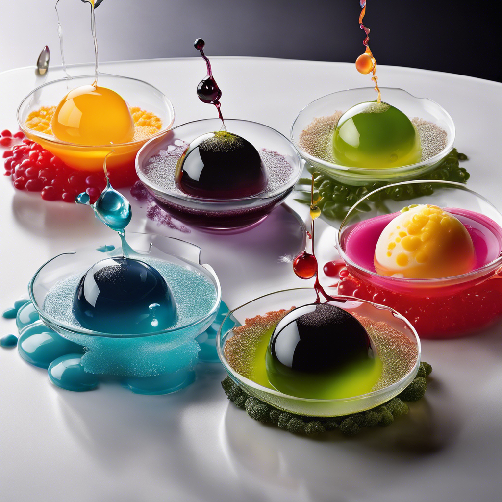 An image showcasing the mesmerizing process of molecular gastronomy, capturing the transformation of ingredients through techniques like spherification, sous-vide, and foams