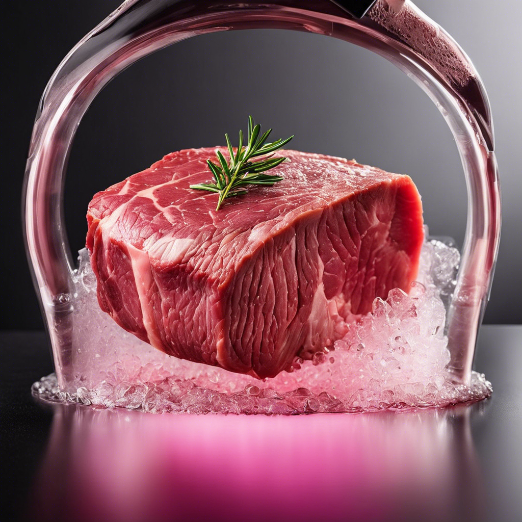 An image showcasing the precision of sous vide cooking: A juicy, pink steak sealed in a vacuum-sealed bag, submerged in a water bath, with a precise temperature control device in the background