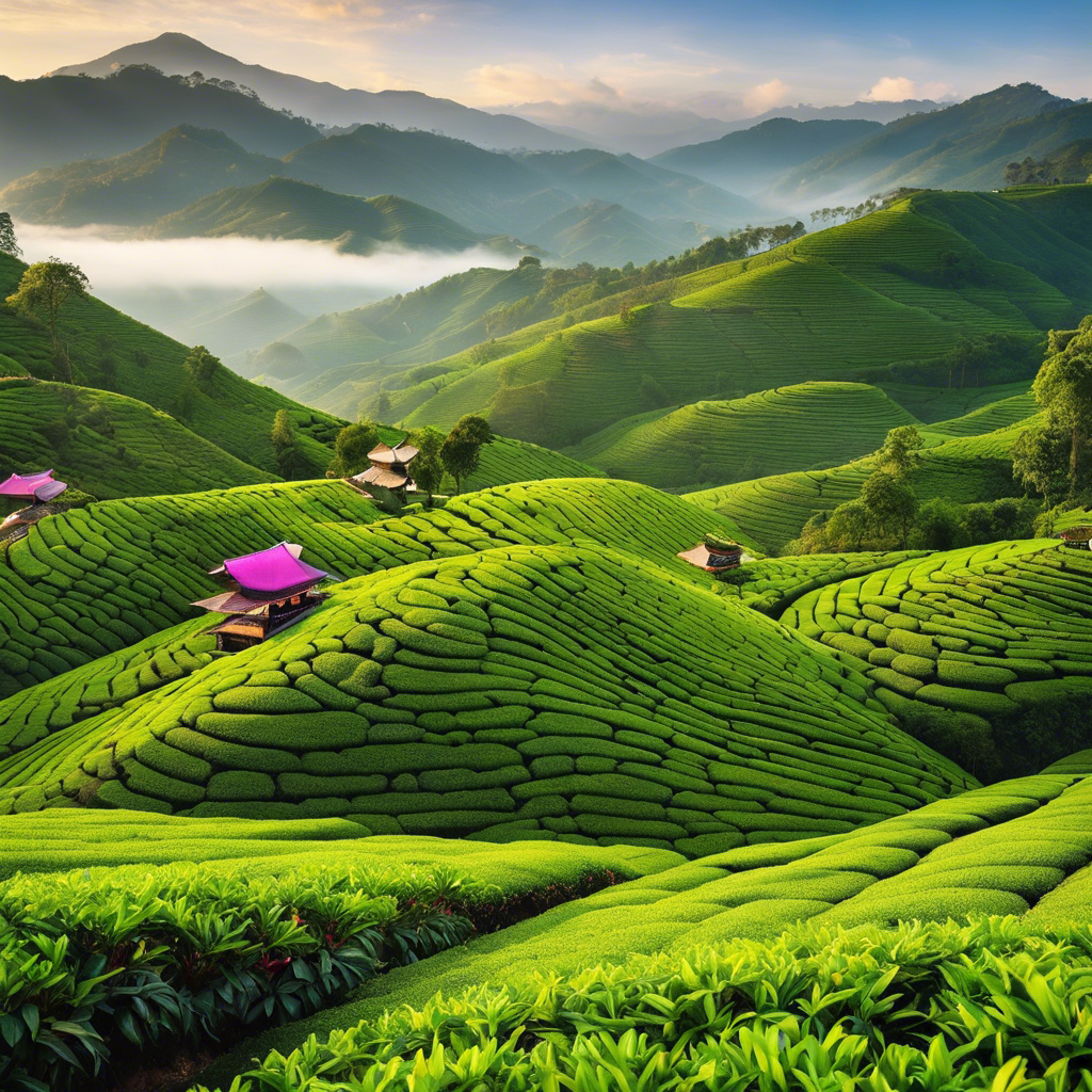 An image showcasing a lush, terraced tea plantation nestled amidst mist-covered mountains