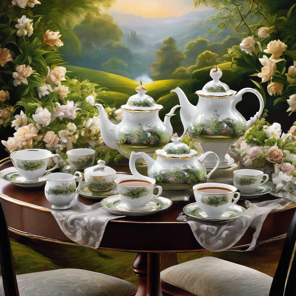 An image of an elegantly set tea table, adorned with fine china teacups, delicate silver spoons, and a steaming teapot pouring tea into the cups, surrounded by blooming tea leaves and a serene, tranquil ambiance