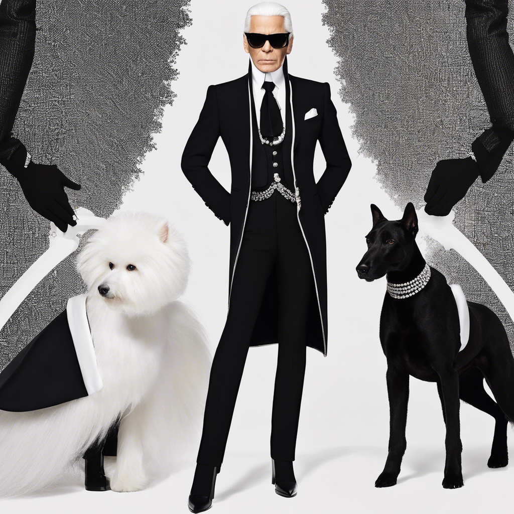An image showcasing Karl Lagerfeld's iconic silhouette: a slim figure clad in a tailored black suit, adorned with fingerless gloves, high-collared white shirt, and a powdered white ponytail
