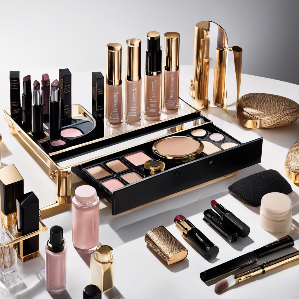 An image showcasing a minimalist vanity table with a blend of high-end and affordable beauty products